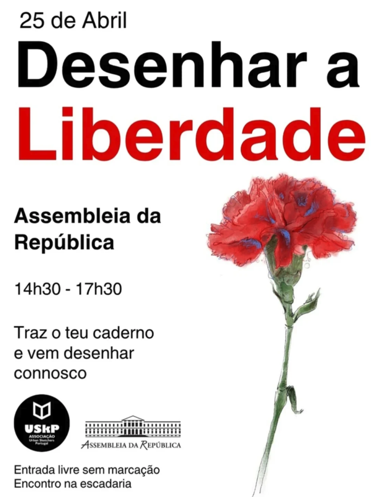 Cartaz do evento Desenhar a Liberdade no dia 25 de abril na Assembleia da República